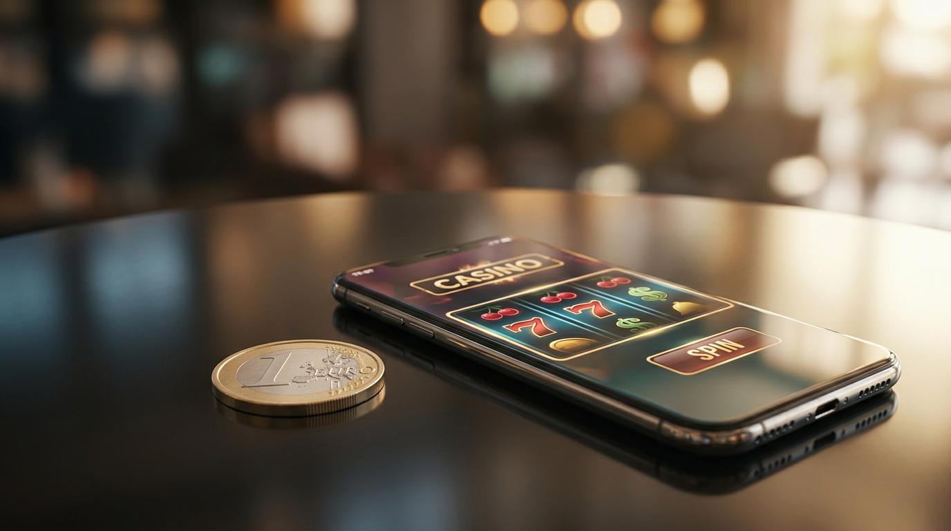 Detailní záběr na 1 eurovou minci a smartphone s aplikací online kasina