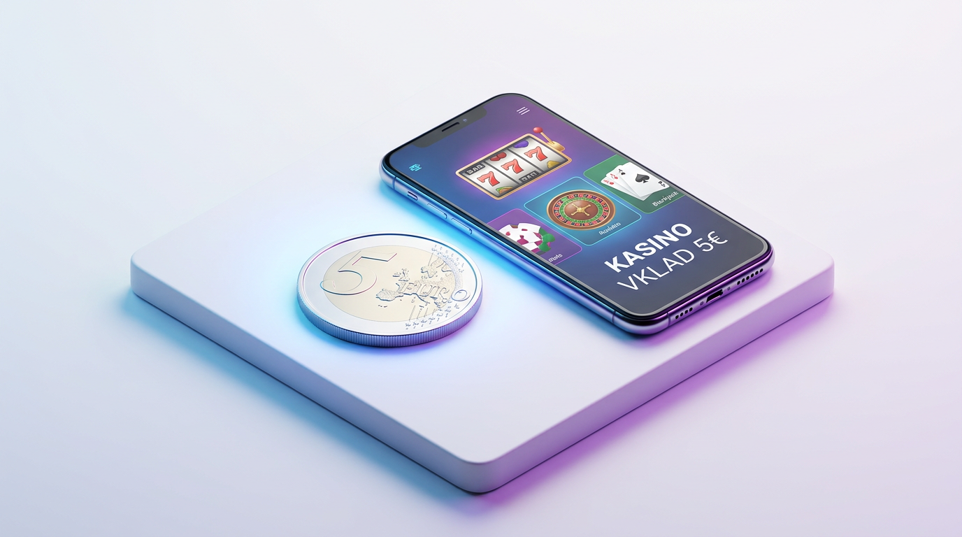 Pětieurová mince u mobilního telefonu s online kasinem jako symbol nízkého vkladu