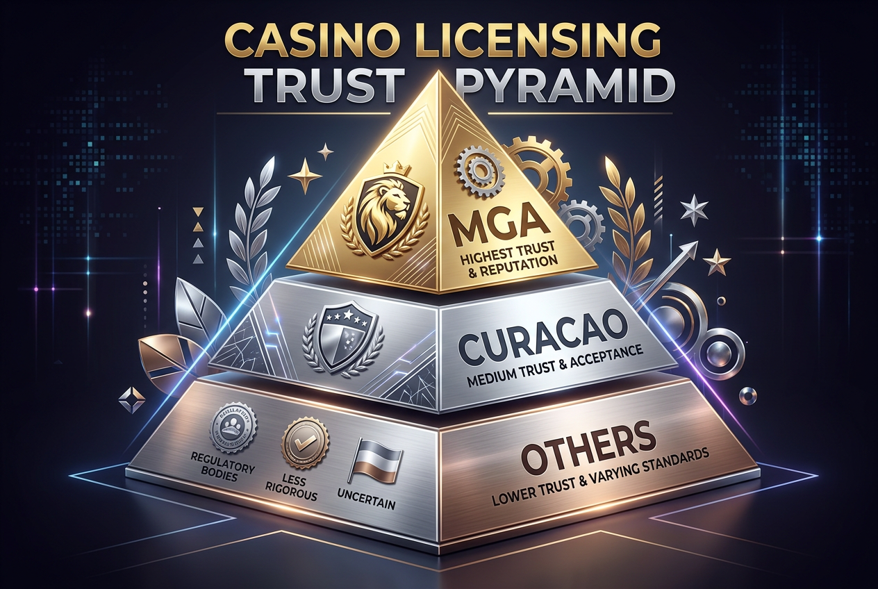 Schéma licenční pyramidy bezpečnosti v iGamingu s logy MGA a Curacao
