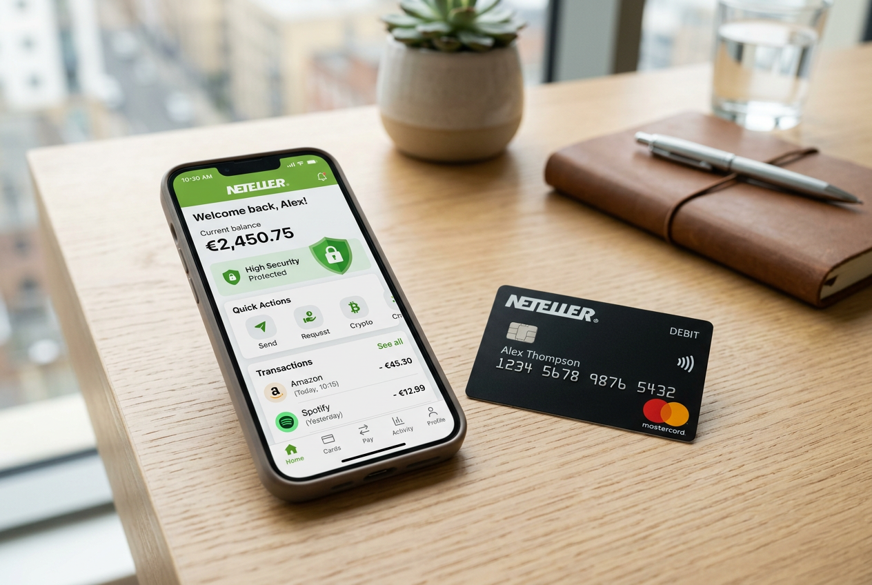Rozhraní mobilní aplikace Neteller a bezkontaktní karta na minimalistickém pracovním stole